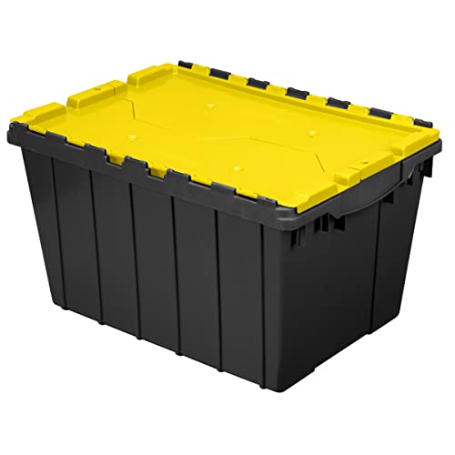Akro-Mils 12-Gallon Plastic Stackable Storage KeepBox Tote Container with Attached Hinged Lid, Black/Yellow 2Pck