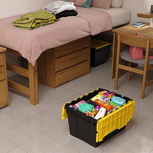 Akro-Mils 12-Gallon Plastic Stackable Storage KeepBox Tote Container with Attached Hinged Lid, Black/Yellow 2Pck