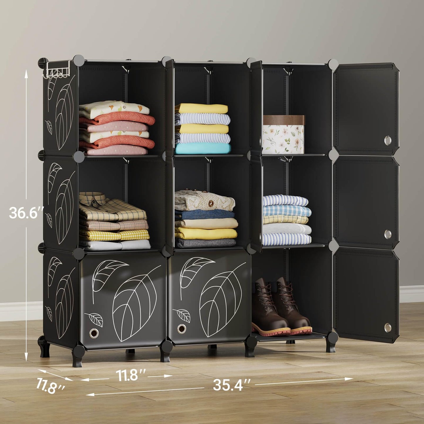 Closet Organizer, 9 Cube Storage Organizer with Doors, Portable Closet Storage Shelves, Modular Bookcase Closet Cabinet for Clothes, Books,Toys, Artworks (11.8x11.8x11.8 inch), Black