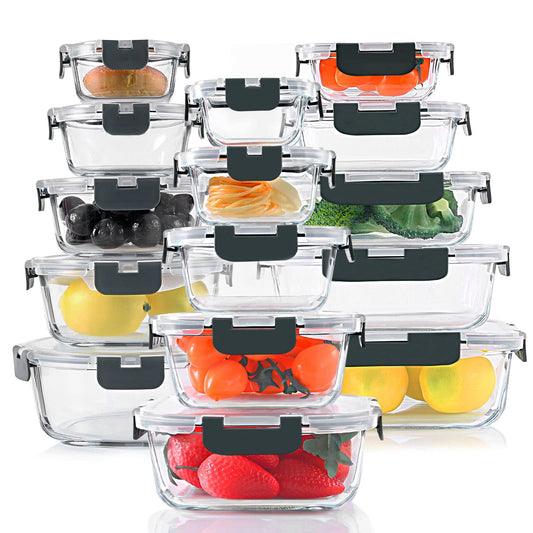 Glass Food Storage Containers 30 Pieces Set, Glass Meal Prep Containers Set with Snap Locking Lids, Airtight Glass lunch Containers, BPA-Free,Gray