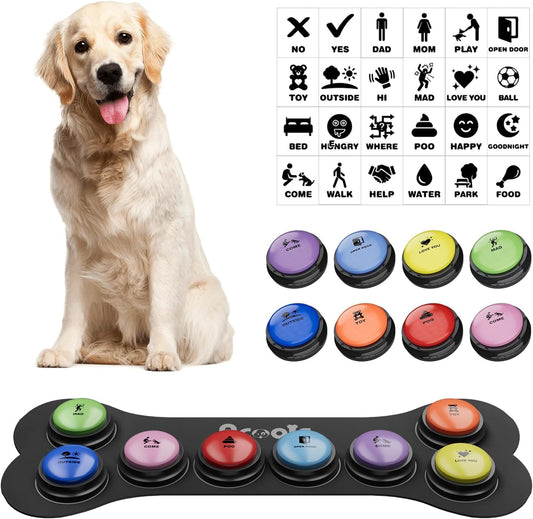 Dog Buttons for Communication, 30s Recordable Voice Pet Buzzer Training Buttons, Speaking Button for Dogs with Waterproof Anti-Slip Dog Button Mat and 24 Scene Stickers