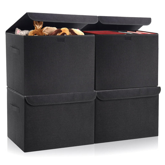Bagnizer Large 22 Quart Linen Fabric Foldable Storage Bin Cube Organizer Basket with Flip-Top Lid & Handles, Black, 4 Pack