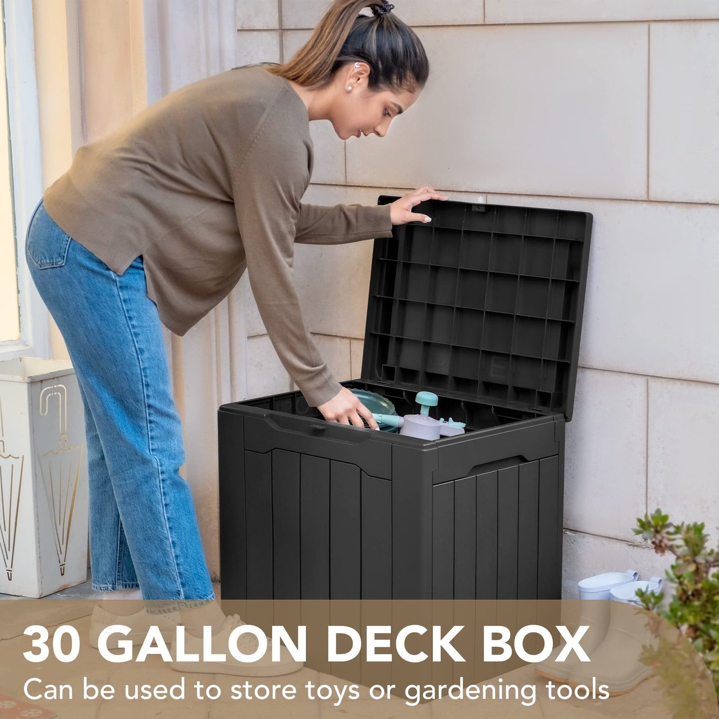 Devoko 30 Gallon Resin Deck Box Outdoor Indoor Waterproof Storage Box for Patio Pool Accessories Storage for Toys Cushion Garden Tools (30 Gallon, Black)