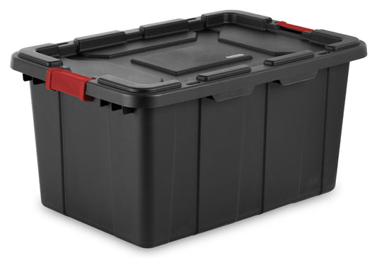 Sterilite 27 Gal Industrial Tote, Stackable Storage Bin with Latching Lid, Plastic Container with Heavy Duty Latches, Black Base and Lid, 4-Pack