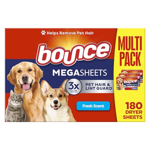 Bounce Pet Hair and Lint Guard Mega Fabric Softener Dryer Sheets with 3X Pet Hair Fighters, Fresh Scent, 180 Count (Packaging May Very)